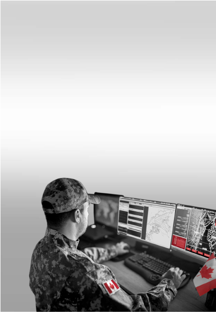 military man looking at a computer screen showing alarm systems locations in mobile view