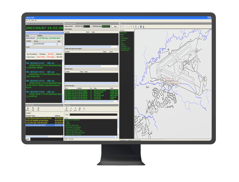 front view of computer showing a blueprint of building with all fire safety checks in place